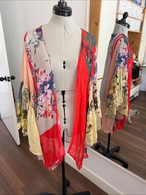 Sheer Floral Print Kimono in Blue, Pink, Green One Size